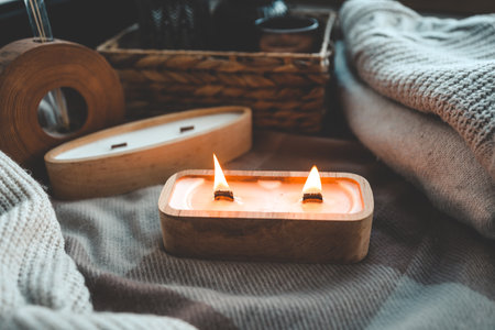 Candle in tree, stylish home interior, autumn mood.の写真素材