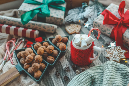 Cup of cocoa with marshmallows in a Christmas atmosphere.