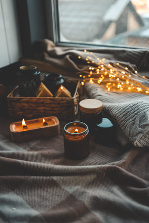 Burning candles in a festive cozy interior.
