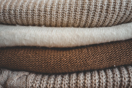 Close up texture of a stack of various knitted sweaters.