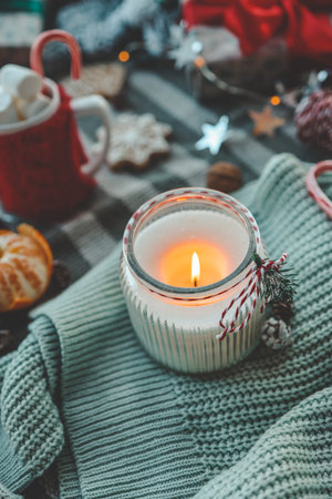 Candle and New Year's gifts, Christmas mood.の写真素材