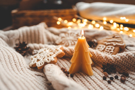 Beeswax Christmas tree candle, cozy photo.の写真素材