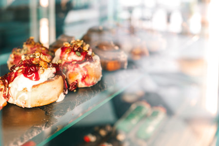 Freshly baked pastries on display in a cafe.
