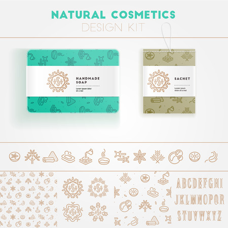 Natural cosmetics design kit with seamless pattern and icon templates.のイラスト素材