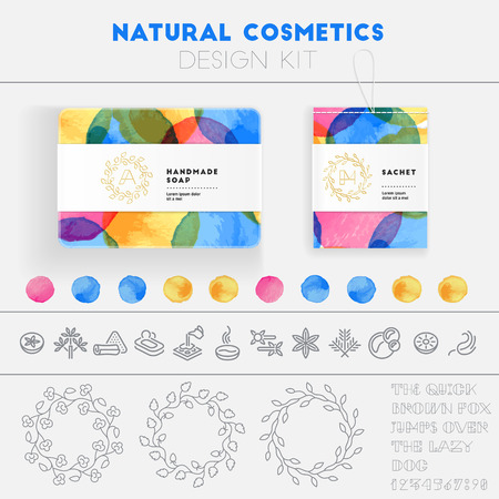 Natural cosmetics design kit with watercolor pattern and icon templates.のイラスト素材