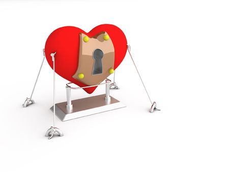 Red heart under lock.  Bracing wires.の写真素材