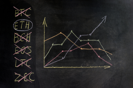 Chart of the Crypto-currency on the chalkboard, a display of growth and decline. The concept of choice for trading on the stock exchange.の写真素材