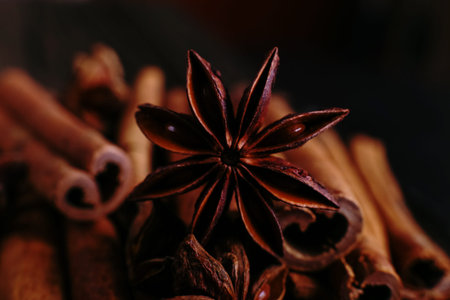 Spices sticks cinnamon and star anise on old table. Rustic dark background, aroma close-up, macro.