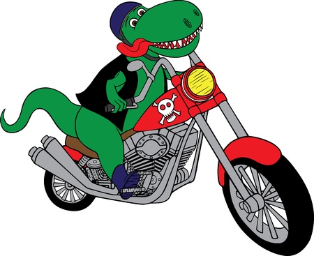 illustration of a T-rex dinosaur riding a motorcycle