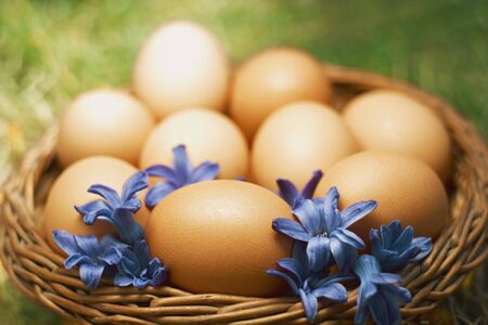 Beautiful easter eggs in brown basket with copy spaceの写真素材