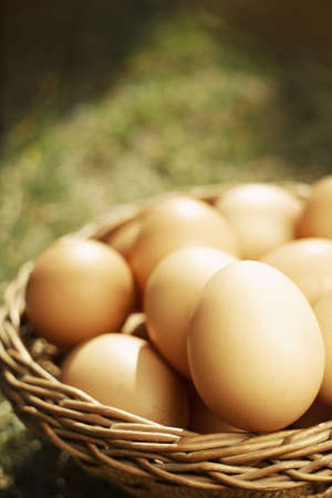 Beautiful easter eggs in brown basket with copy spaceの写真素材