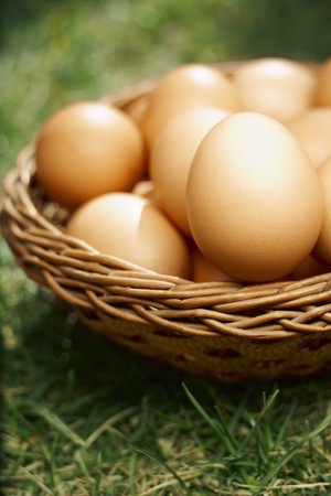 Beautiful easter eggs in brown basket with copy spaceの写真素材