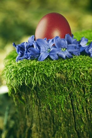 Beautiful Easter egg on green background decorated with flowersの写真素材