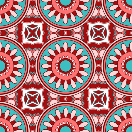 Mandala seamless pattern vector. A symmetrical round red and blue ornament. Ethnic drawのイラスト素材