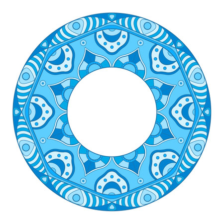Mandala frame vector. A symmetrical round blue monochrome ornament. Ethnic drawのイラスト素材