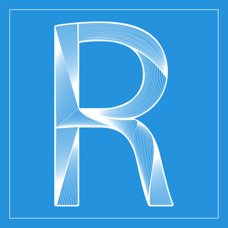Decorative vector font. Beautiful stylized letter R. Isolated white linear symbol on blue background. Can be used for posters, decorative lettering, embossing template.のイラスト素材