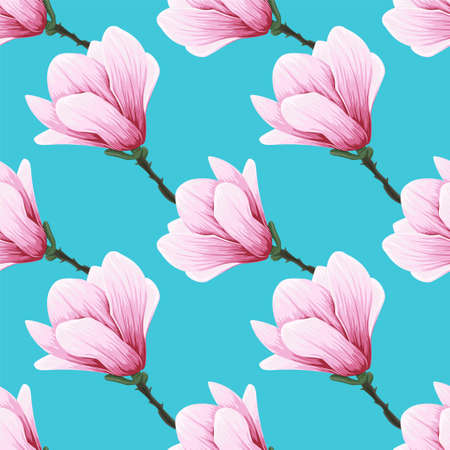 Vector seamless pattern sprig of blooming magnolia. Botanical illustration.のイラスト素材