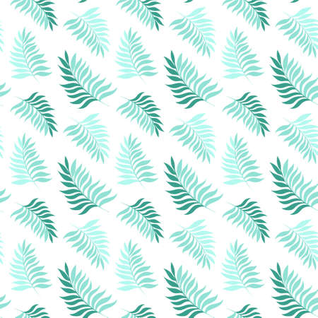Vector tropical palm leaves seamless pattern. Flat summer illustration. Green and white background. Natural print.のイラスト素材