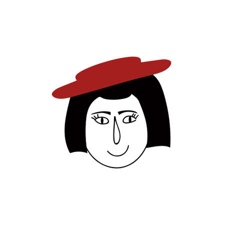 Hand drawn human face doodle. Woman with red hat. Isolated ink pen drawing. Pencil sketch. Simple modern illustration.のイラスト素材