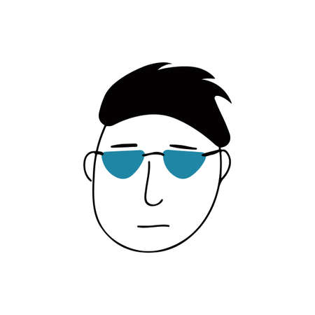 Hand drawn human face doodle. Cool young guy with stylish glasses. Isolated ink drawing with a pen. Pencil drawing. Simple illustration.のイラスト素材