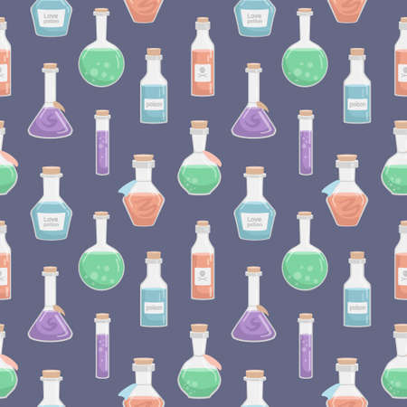 Vector seamless pattern of flasks of various shapes. Vessels for liquid. Colored Halloween elementsのイラスト素材