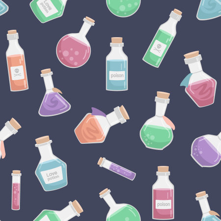 Vector seamless pattern of flasks of various shapes. Vessels for liquid. Colored Halloween elementsのイラスト素材