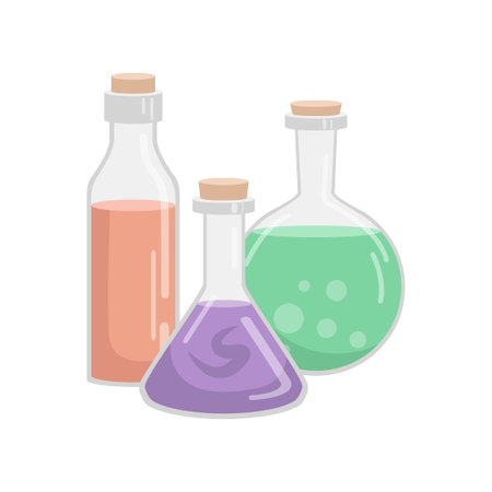 Vector set of flasks of various shapes. Vessels for liquid. Colored Halloween or medicine elementsのイラスト素材