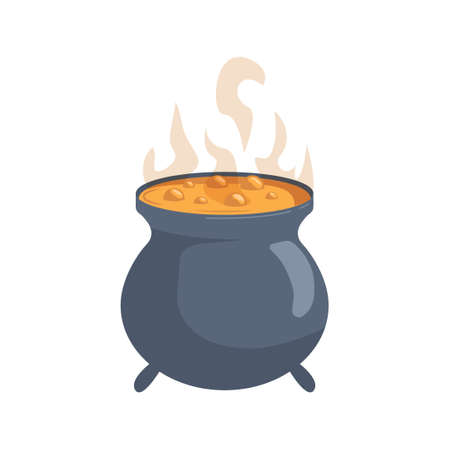 Halloween witch cauldron with orange potion icon for your design. Halloween holiday. Vector illustration. Autumn print.のイラスト素材
