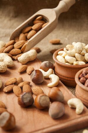 Different nuts. Almonds, peanuts, hazelnuts, cashewsの写真素材