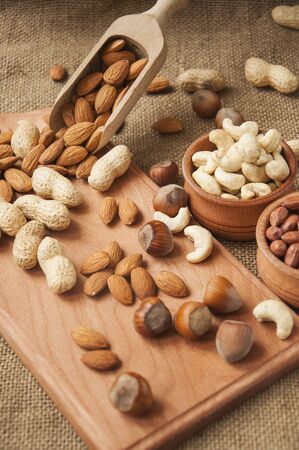 Different nuts. Almonds, peanuts, hazelnuts, cashewsの写真素材