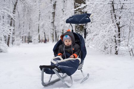 Happy young boy out playing in the snow on his sledge. Child sledding. Toddler kid riding sledge. Children play outdoors in snow. Kids sled in snowy park. Outdoor winter fun for family Christmas vacation.の写真素材