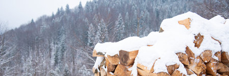 Chopped stock of firewood under snow outdoor