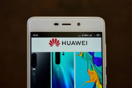 Huawei logo seen on the screen smartphoneのeditorial素材