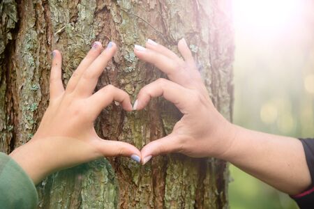 Hands mother and daughter forming a heartの写真素材