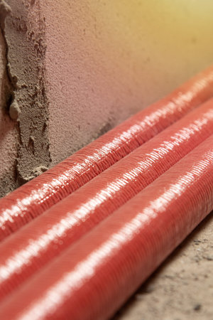 pipes in red isolation on construction siteの写真素材