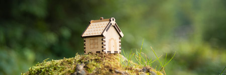 Wooden house model in a forest Eco house concept