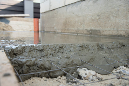 Concepts of pouring concrete screed over reinforcing meshの写真素材
