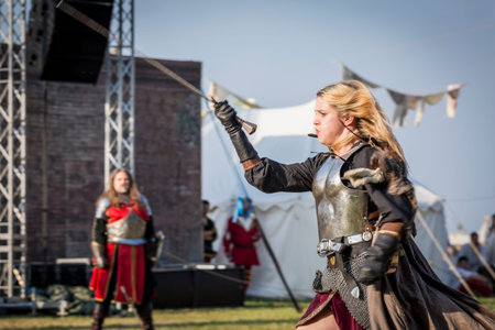 QUATTRO CASTELLA ITALY MAY 17 2015: medieval warriors in battle staged at festival