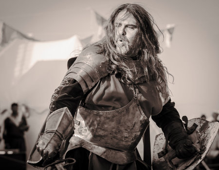 QUATTRO CASTELLA ITALY MAY 17 2015: medieval warriors in battle staged at festival