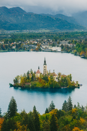 Beautiful autumnal aerial panoramic view of Lake Bled, Slovenia, Europe  Osojnicaの写真素材
