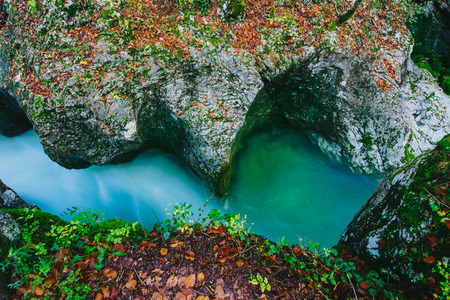Fantastic view of the canyon Mostnica Mostnice Korita with crystal clear blue water - Triglav national park, near Bled, Slovenia, Europeの写真素材