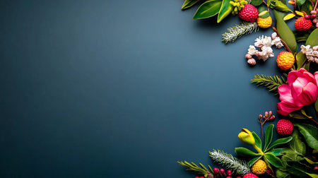 Christmas and New Year decoration on dark blue background with copy space.の素材