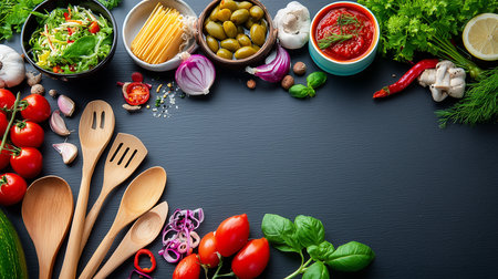 Variety of fresh vegetables and spices on black background. Top view.の素材