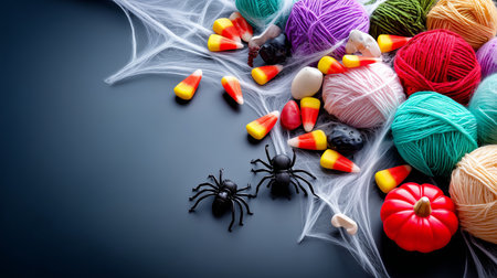 Halloween background with spider, cobwebs, candy corn and pumpkinsの素材