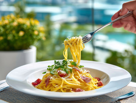 spaghetti carbonara with parmesan cheese and tomato on a plateの素材