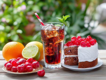 Cup of cola with ice cubes and fruits on wooden tableの素材