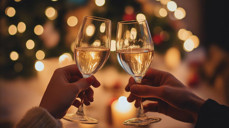 holidays, celebration, christmas and people concept - close up of male and female hands with champagne glasses over christmas tree lights backgroundの素材