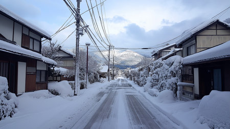 Winter in Gifu, Japan. Snow covered streets and houses.の素材