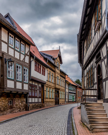 Street with half-timbered houses in the old town of Stolberg am Harz, Saxony Anhalt, Germany, Europeの写真素材