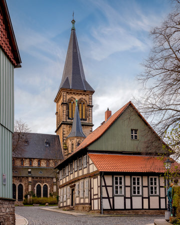 Street in the old town of Wernigerode, Saxony Anhalt, Germanyの写真素材